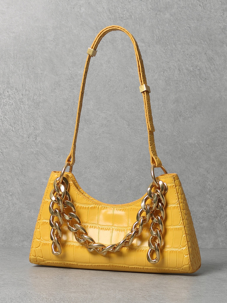 Women's 90s Crocodile Froggy Shoulder Bag Croc Effect Baguette Bag Gold Thick Chain - POPBAE