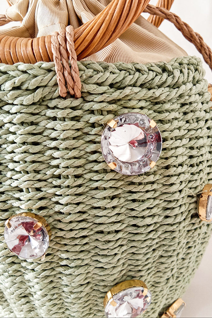 Women's Summer Straw Braided Basket Bag Open-top Petit Bucket Handbag Round Handle Crystal Embellishment - POPBAE