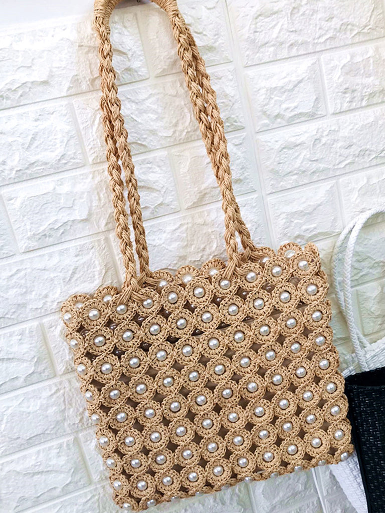 Women's Summer Beaded Bag Straw Braided Bag Open-top Bucket Handbag Tote Bag Pearls Embellishment - POPBAE
