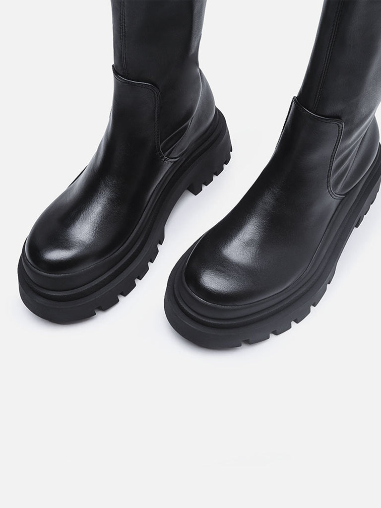 Women's Solid Mid-block Round Toe Chunky Sole Low Chelsea Boots - POPBAE