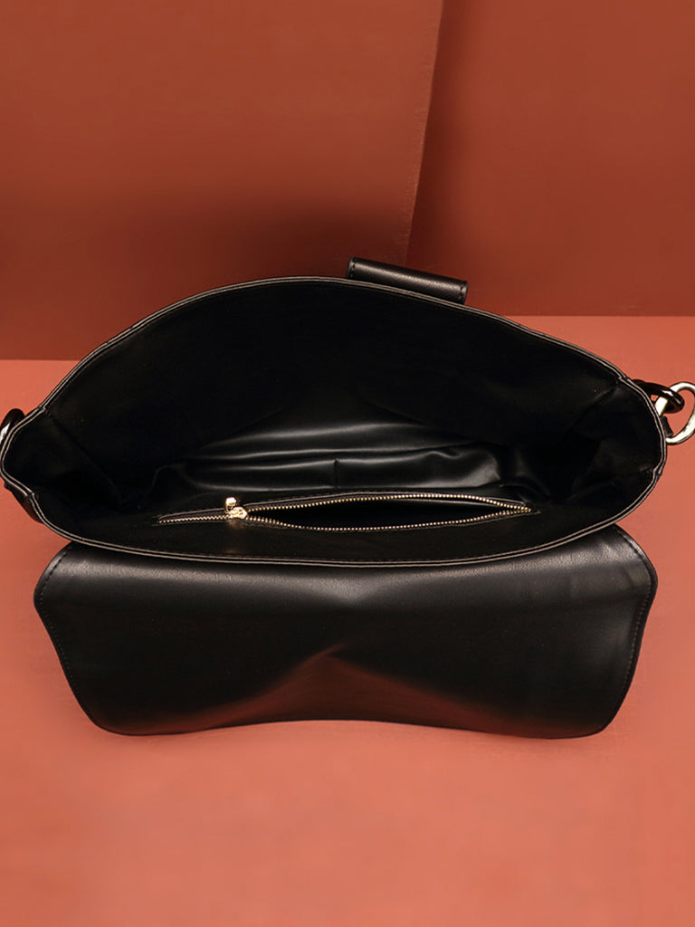 PopBae Women's Soft Leather Shoulder Bag With Chain Strap Flap Top Satchel Handbag In Black - POPBAE