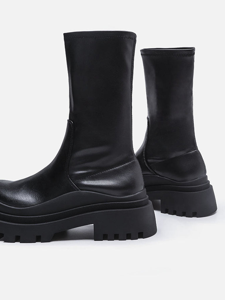 Women's Solid Mid-block Round Toe Chunky Sole Low Chelsea Boots - POPBAE