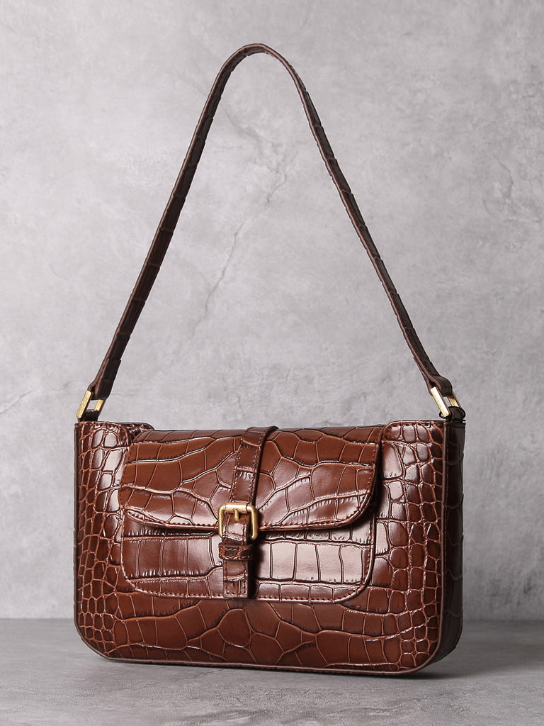 Women's Paris 90s Vintage Baguette Handbag Croc-effect Miranda Shoulder Bag - POPBAE