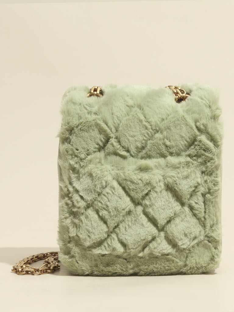 Women's Mini Bag Fur Quilted Design With Golden Chain Strap In Pistachio - POPBAE