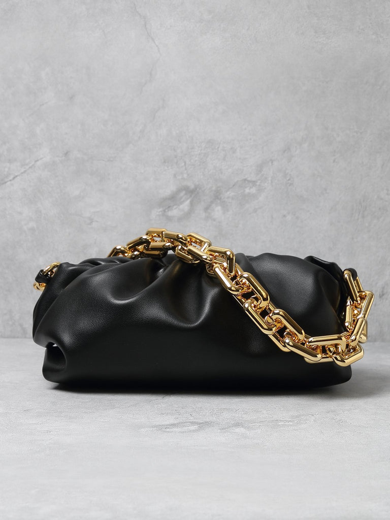 Women's Cloud Clutch Shoulder Bag Ruched Pouch Golden Chunky Chain Bag - POPBAE