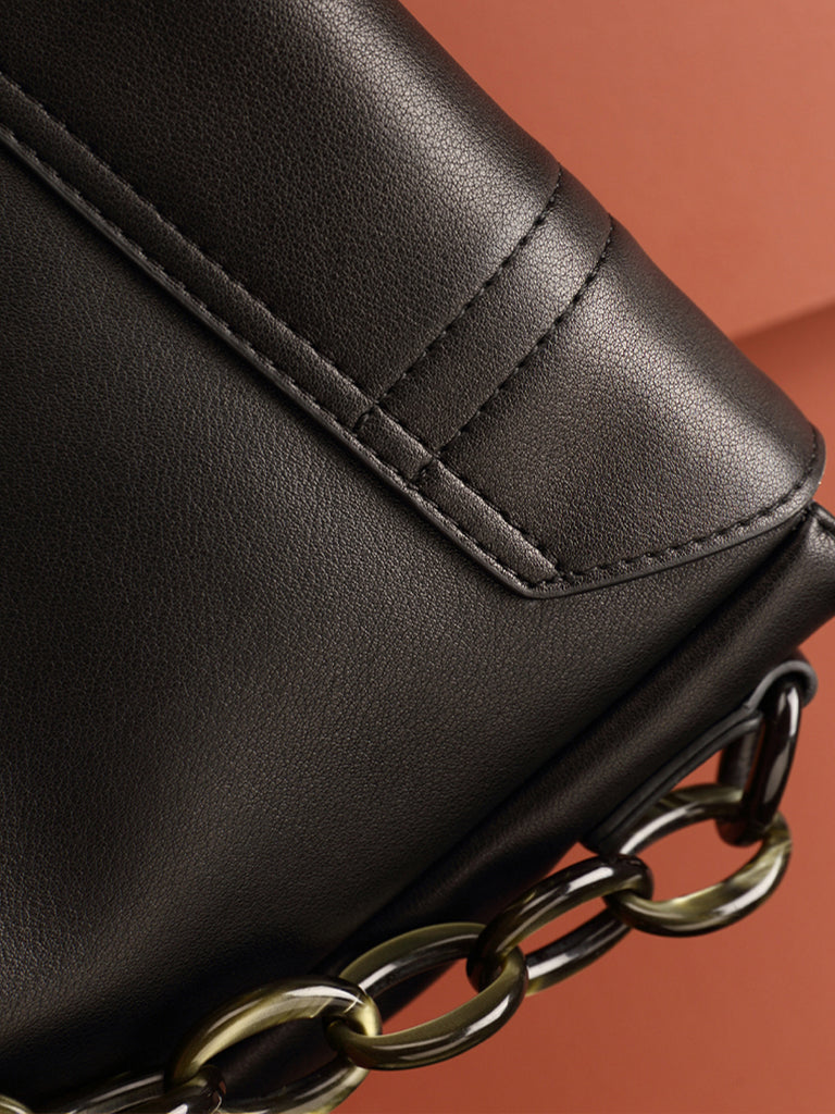 PopBae Women's Soft Leather Shoulder Bag with Chain Strap Flap Top Satchel Handbag in Black