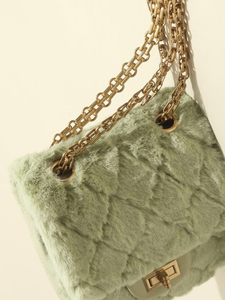 Women's Mini Bag Fur Quilted Design With Golden Chain Strap In Pistachio - POPBAE