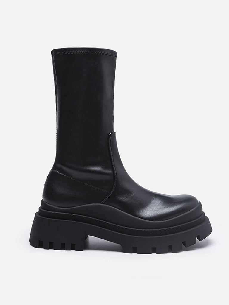 Women's Solid Mid-block Round Toe Chunky Sole Low Chelsea Boots - POPBAE