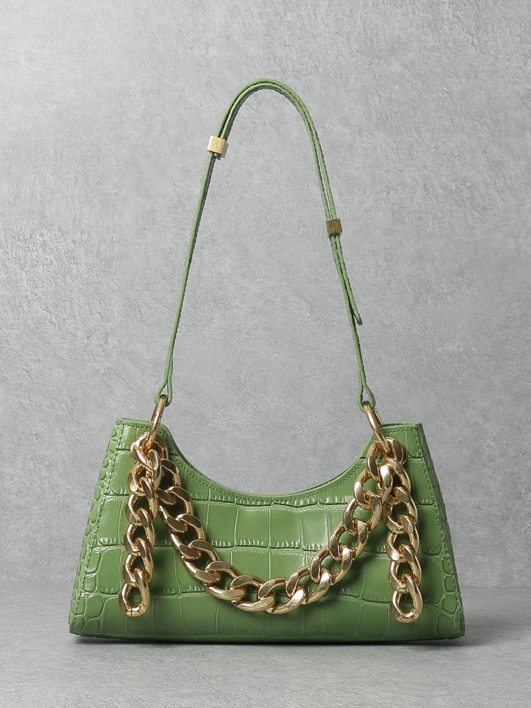 Women's 90s Crocodile Froggy Shoulder Bag Croc Effect Baguette Bag Gold Thick Chain - POPBAE