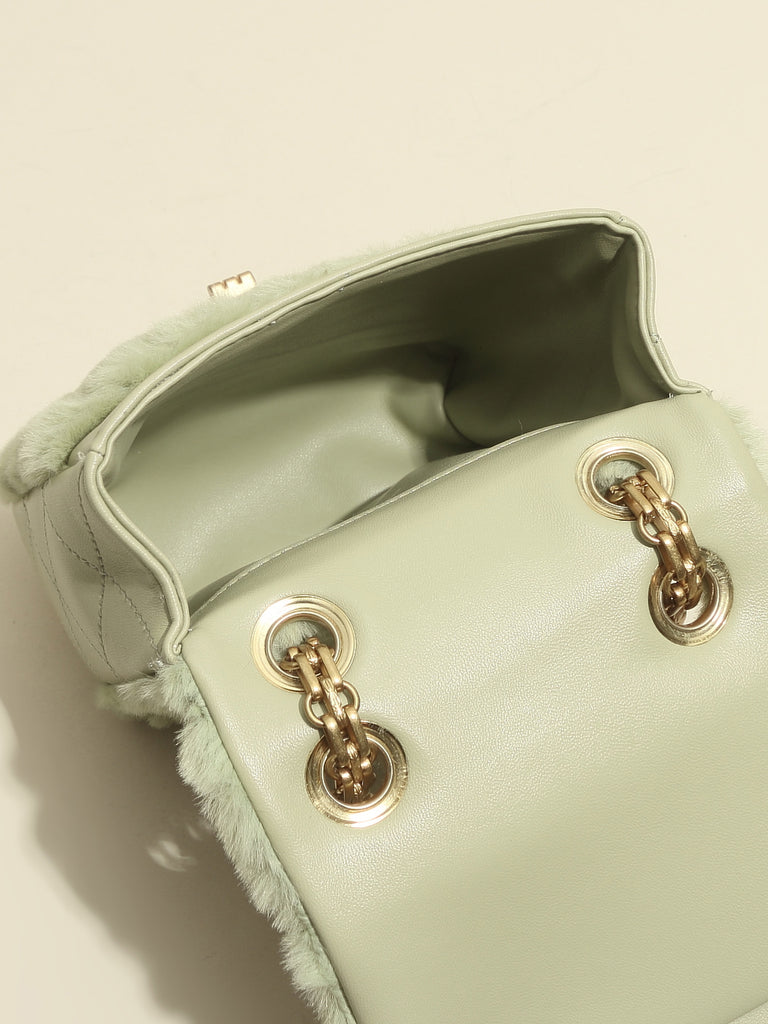 Women's Mini Bag Fur Quilted Design With Golden Chain Strap In Pistachio - POPBAE