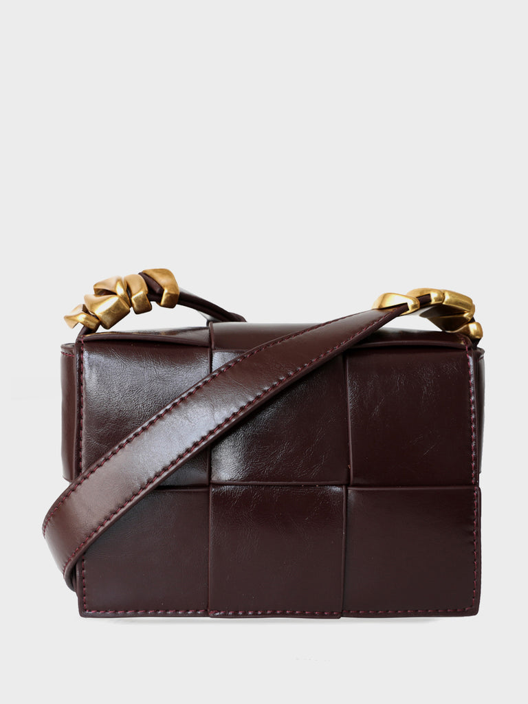 Mini Square Padded Cassette Bag Woven Leather Shoulder Bag Crossbody Handbag - POPBAE