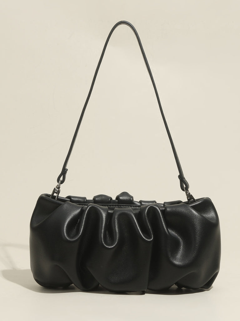 Women's Thin Strap Bean Shoulder Bag Cute Pouch Handbag Soft Nappa Leather Puffy Clutch Top Handle Ruched Bag - POPBAE
