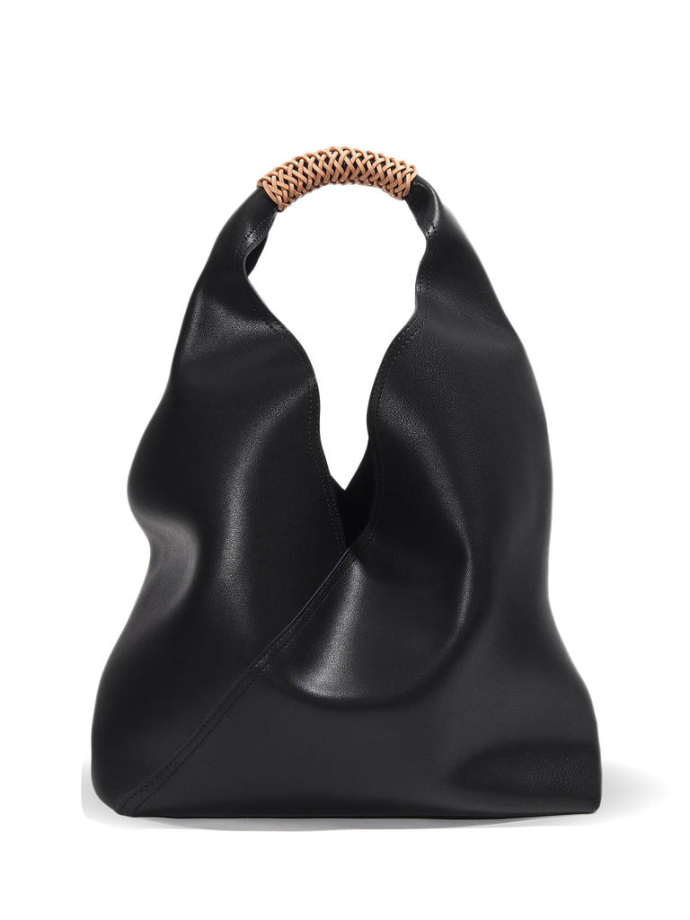Leather V Open-top Basket Handbag Bucket Tote Bag With Braided Leather Handles - POPBAE