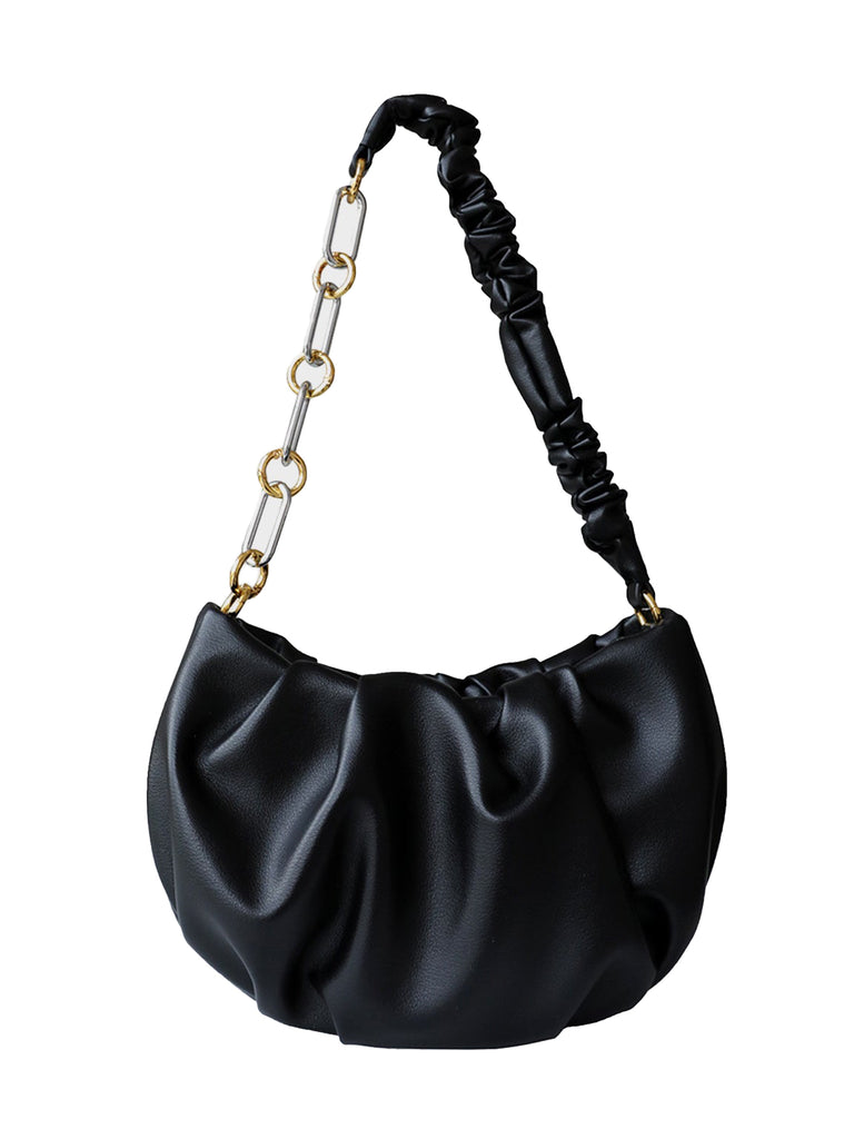 Ruched Crescent Hobo Bag Golden Chain Puffy Soft Leather Cloud Shoulder Bag - POPBAE