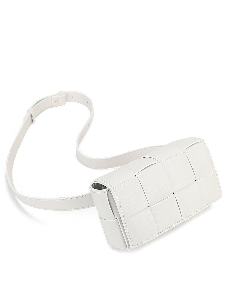 Women's Square Cassette Mini Woven Leather Belt Bag Crossbody Sling Fanny Pack Golden Chain - POPBAE