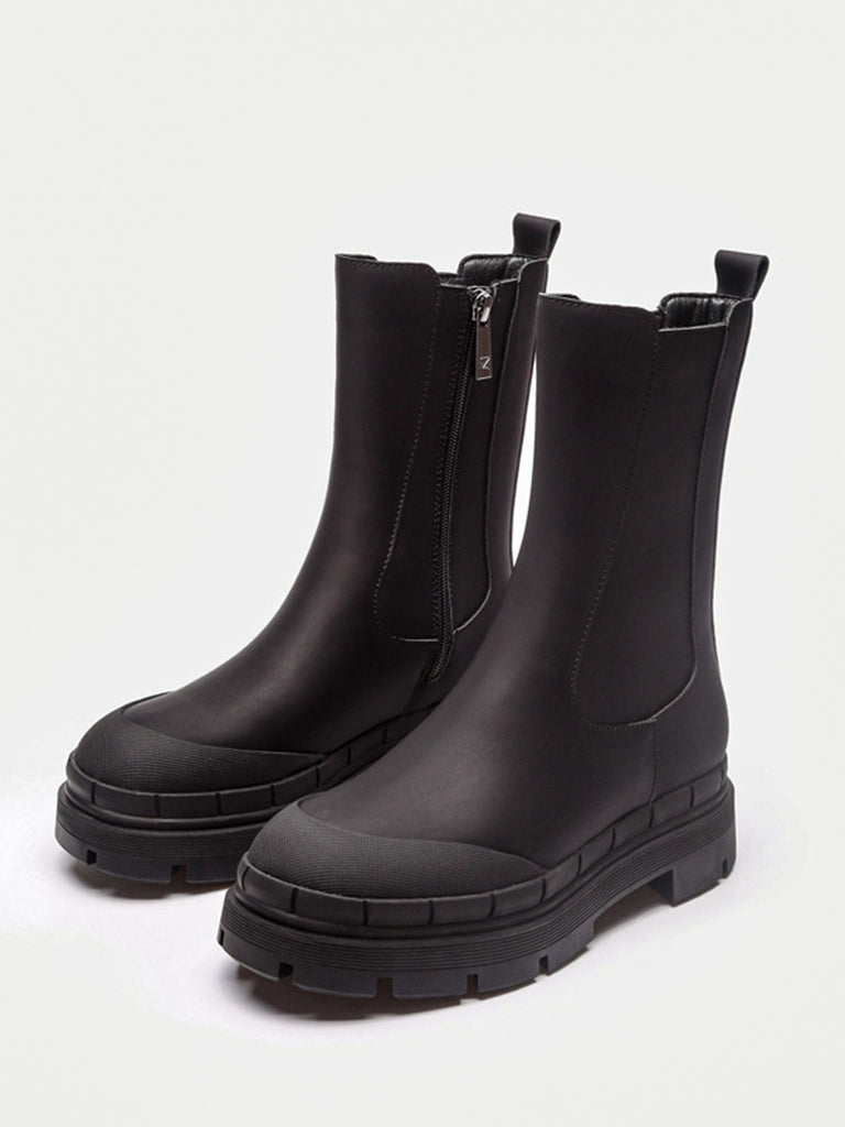 Women's Round Toe Chunky Sole Low Heel Solid Rubberized Chelsea Boots Zip Side - POPBAE