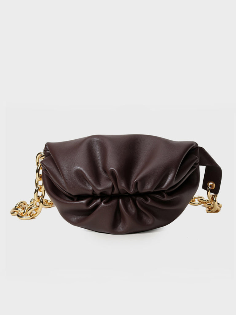 Women's Puffy Fanny Pack Cute Soft Leather Pouch Ruched Belt Bag Chunky Golden Chain - POPBAE
