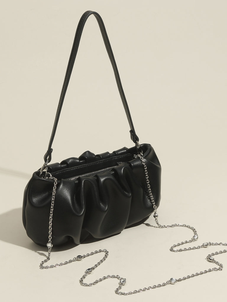 Women's Thin Strap Bean Shoulder Bag Cute Pouch Handbag Soft Nappa Leather Puffy Clutch Top Handle Ruched Bag - POPBAE