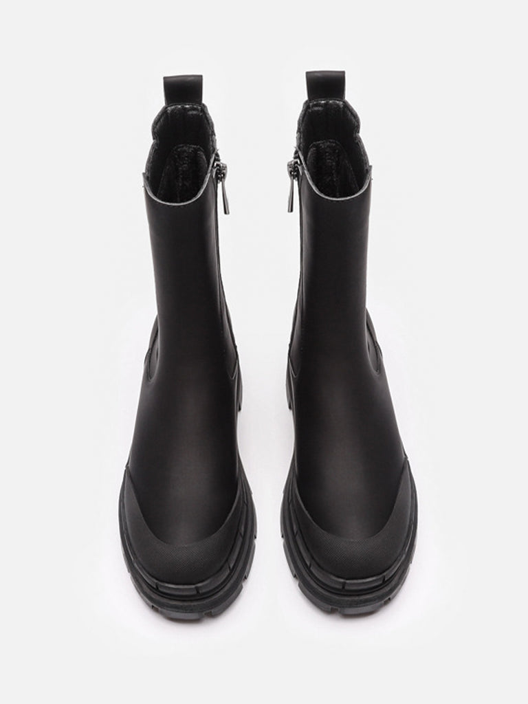 Women's Round Toe Chunky Sole Low Heel Solid Rubberized Chelsea Boots Zip Side - POPBAE