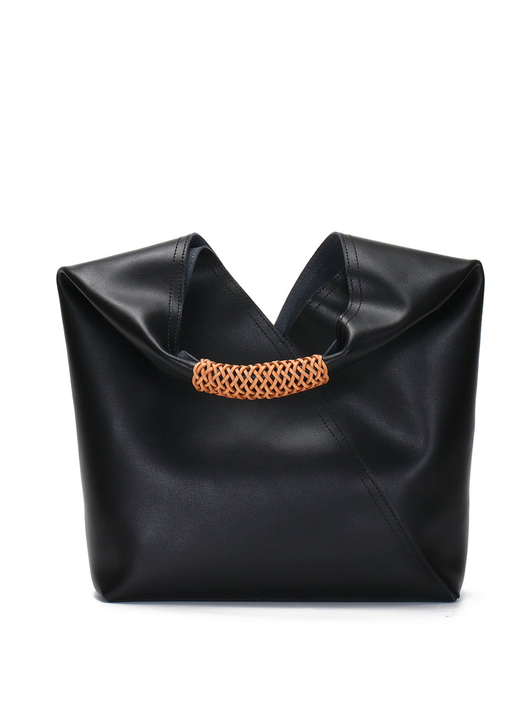 Leather V Open-top Basket Handbag Bucket Tote Bag With Braided Leather Handles - POPBAE