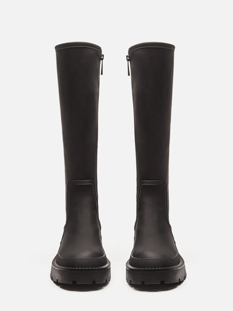Women's Mid-block Round Toe Chunky Sole Rubberized Flatform Boots Zip Closure - POPBAE