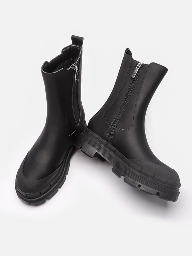 Women's Round Toe Chunky Sole Low Heel Solid Rubberized Chelsea Boots Zip Side - POPBAE