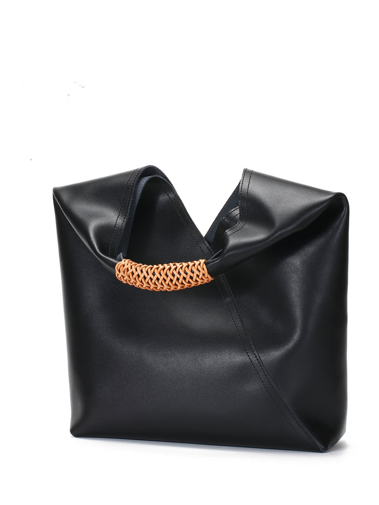 Leather V Open-top Basket Handbag Bucket Tote Bag With Braided Leather Handles - POPBAE