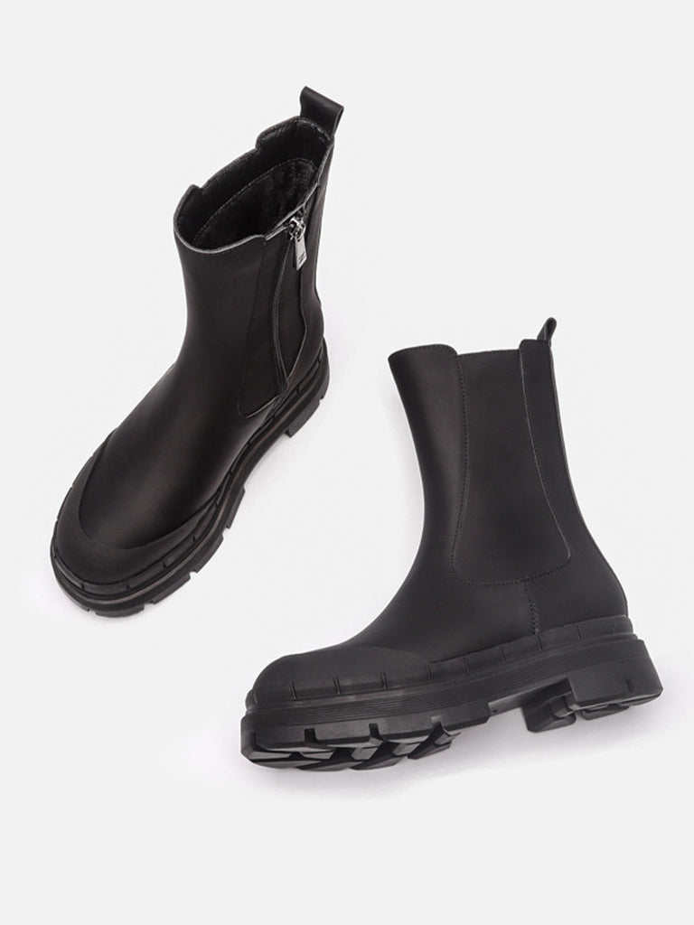 Women's Round Toe Chunky Sole Low Heel Solid Rubberized Chelsea Boots Zip Side - POPBAE