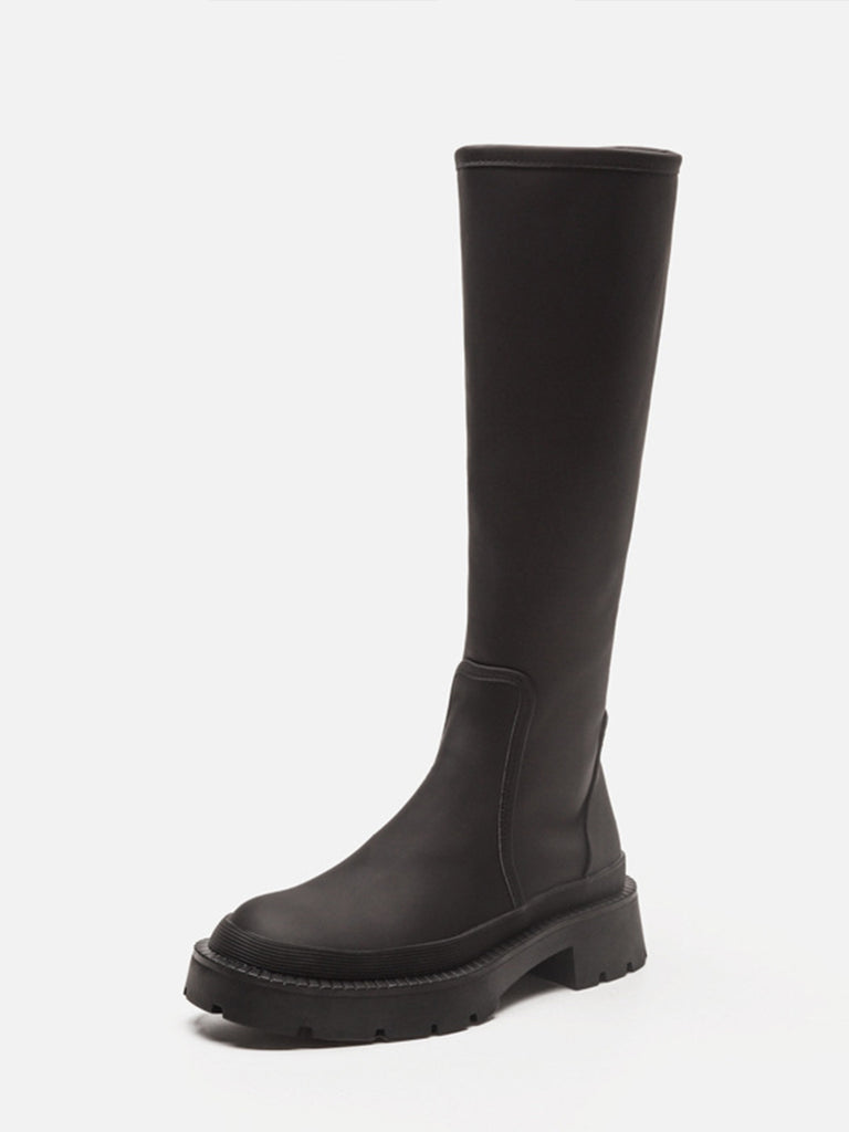 Women's Mid-block Round Toe Chunky Sole Rubberized Flatform Boots Zip Closure - POPBAE