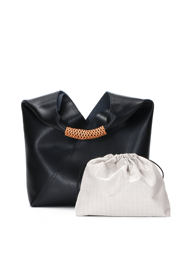 Leather V Open-top Basket Handbag Bucket Tote Bag With Braided Leather Handles - POPBAE