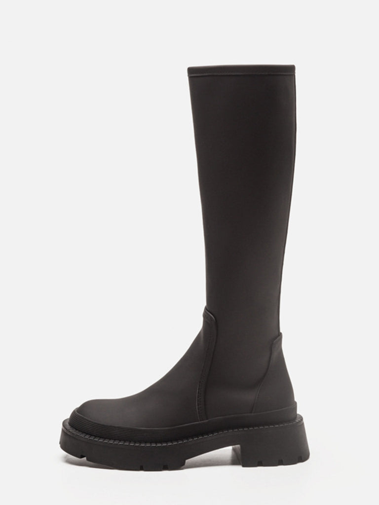 Women's Mid-block Round Toe Chunky Sole Rubberized Flatform Boots Zip Closure - POPBAE