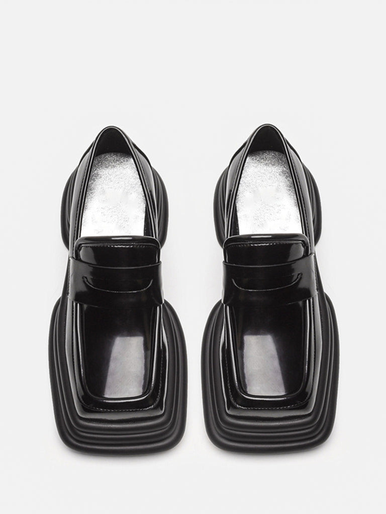 Women's Square Toe Textured Tread Block Chunky Sole Flat Loafers - POPBAE