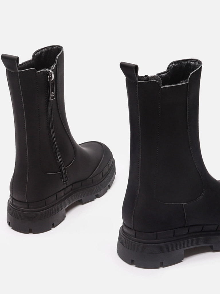 Women's Round Toe Chunky Sole Low Heel Solid Rubberized Chelsea Boots Zip Side - POPBAE