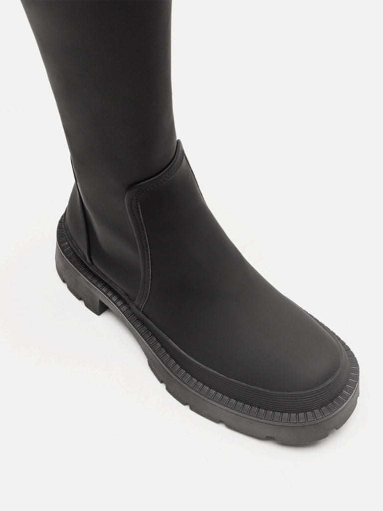 Women's Mid-block Round Toe Chunky Sole Rubberized Flatform Boots Zip Closure - POPBAE