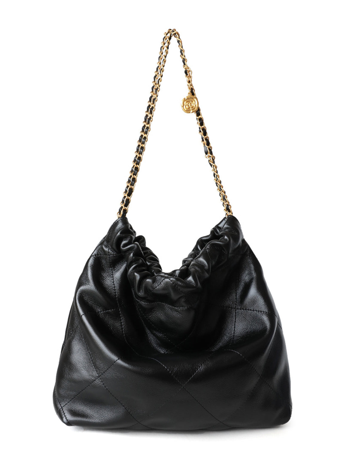 Golden Chain shiny calfskin Strap Lattice Shoulder Bag Diamond-quilted Tote  Bag