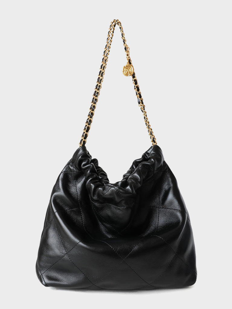 Golden Chain Shiny Calfskin Strap Lattice Shoulder Bag Diamond-Quilted Tote Bag, Black