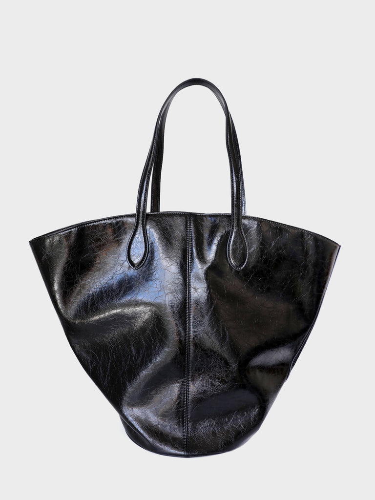 Wax Leather Tote Bag Top-handle Round Bottom Shoulder Bag - POPBAE