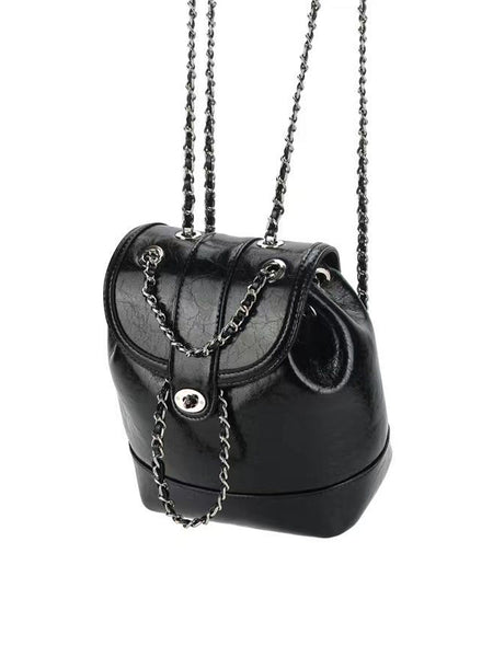 Leather Mini Back Pack Silver Chain Strap Flap Shoulder Bag - POPBAE