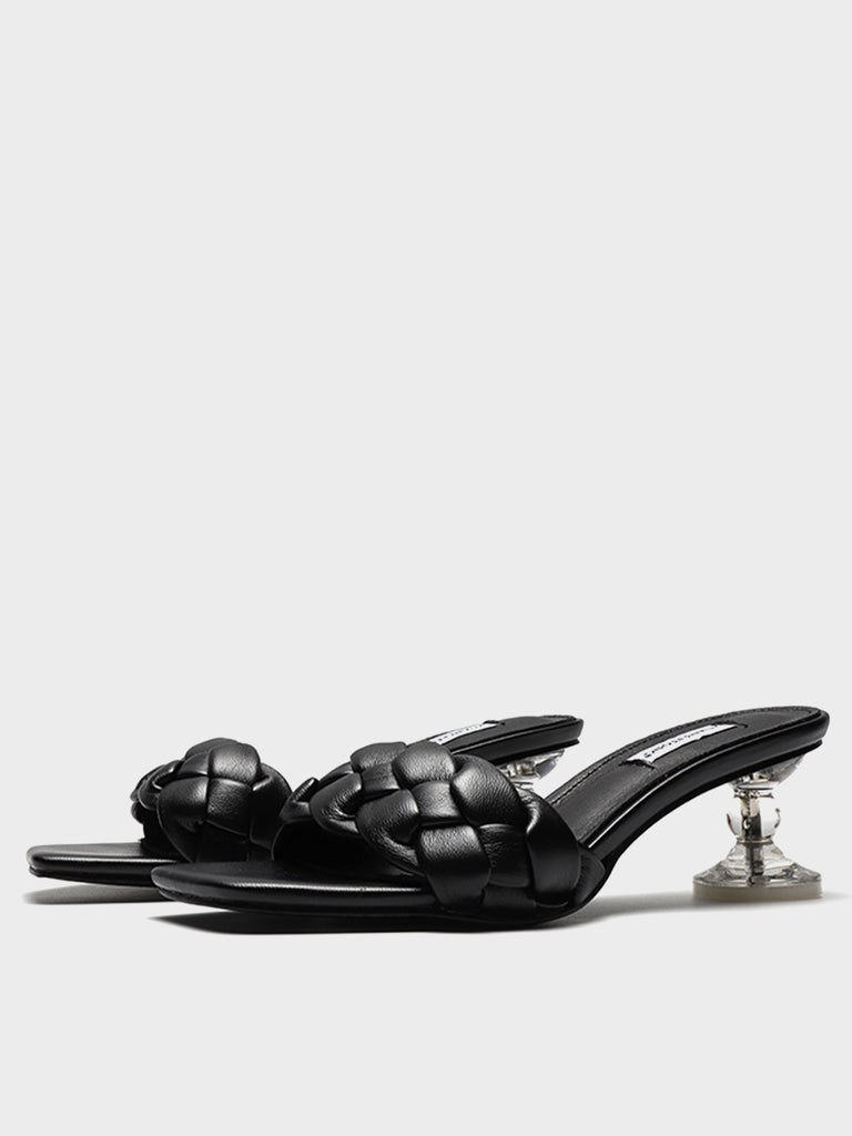 Square Peep Toe Padded Mules Chunky Braid Heels Clear Kitten Heeled Sandal - POPBAE
