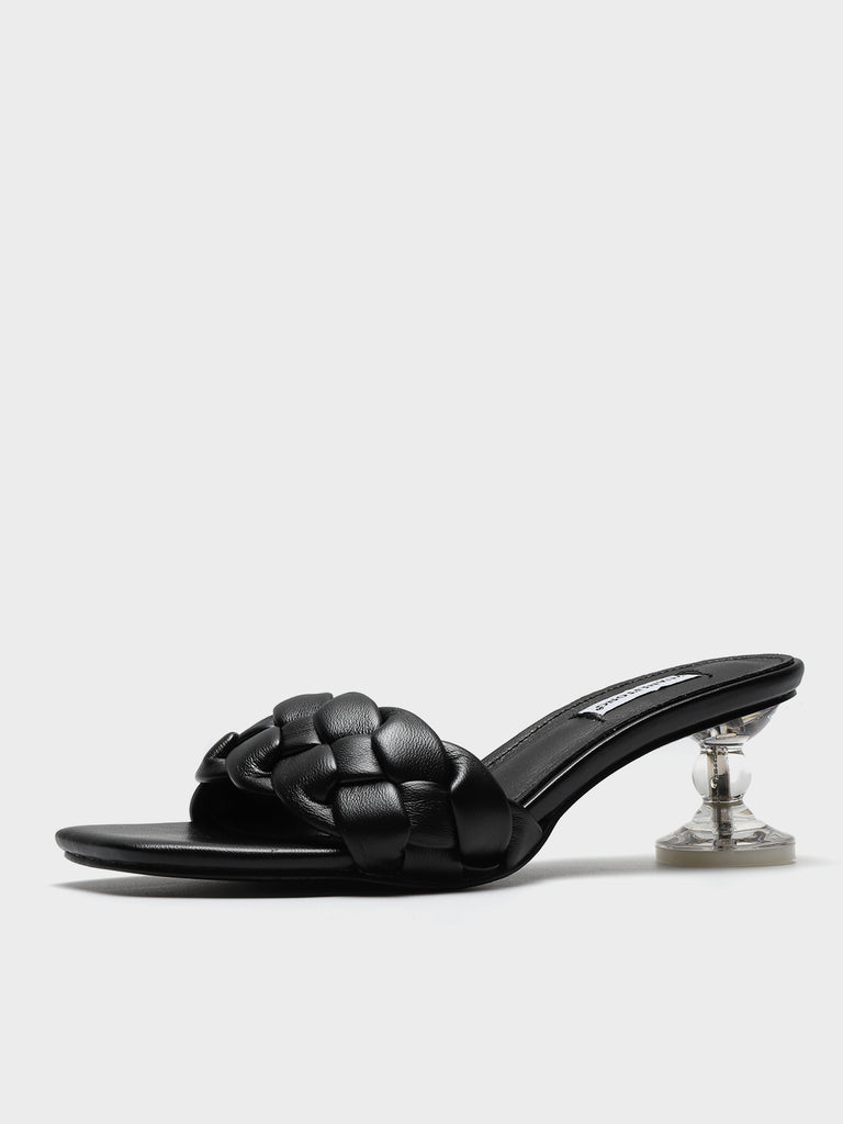 Square Peep Toe Padded Mules Chunky Braid Heels Clear Kitten Heeled Sandal - POPBAE