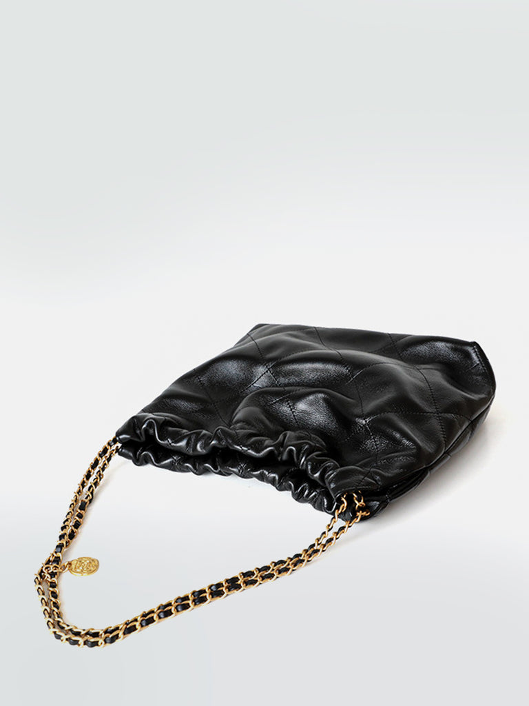 Silver Chain Strap Calfskin Lattice Shoulder Bag Diamond-Quilted Tote Bag, Black