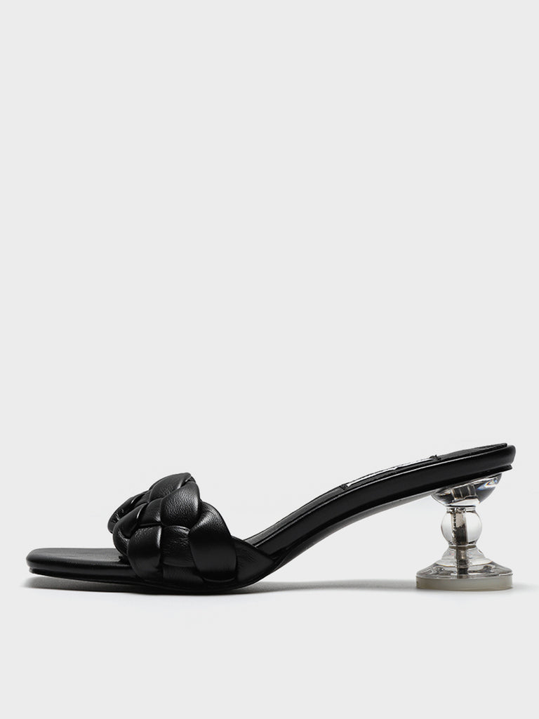 Square Peep Toe Padded Mules Chunky Braid Heels Clear Kitten Heeled Sandal - POPBAE