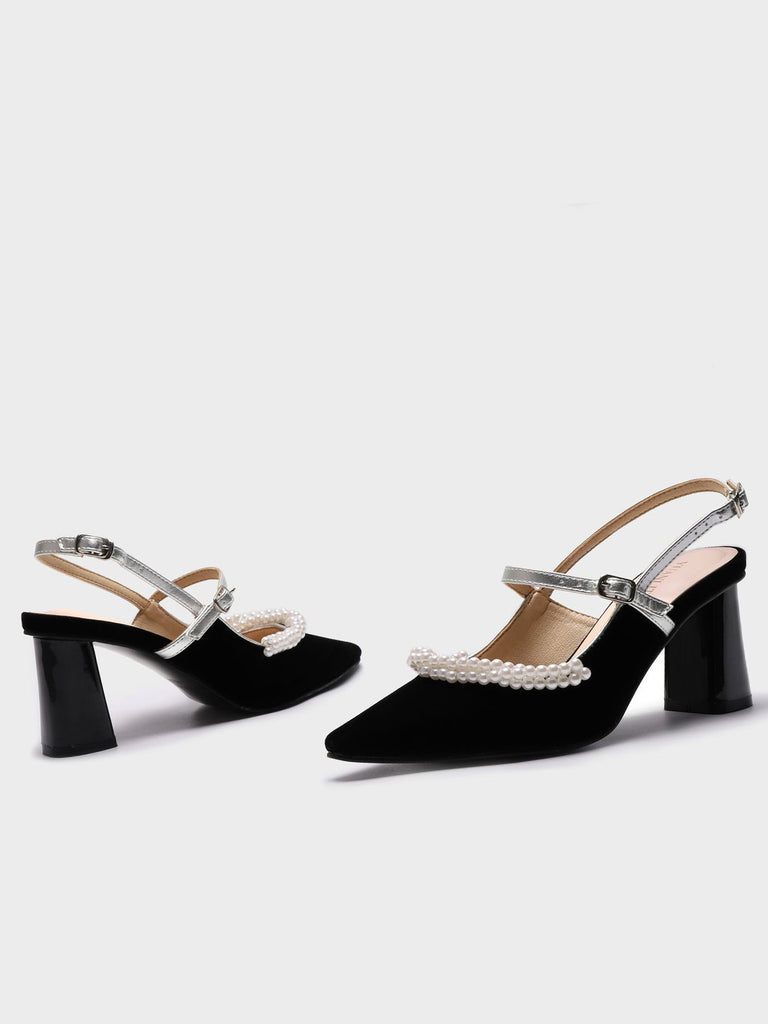 Velvet Pearl Embellished Mary Jane Heel Point Toe Mid Block Pumps - POPBAE