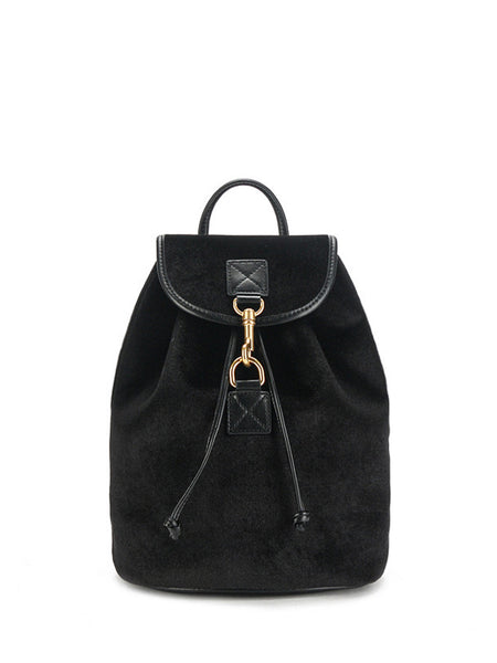 Velvet Backpack Gold Buckle Flap Handbag - POPBAE