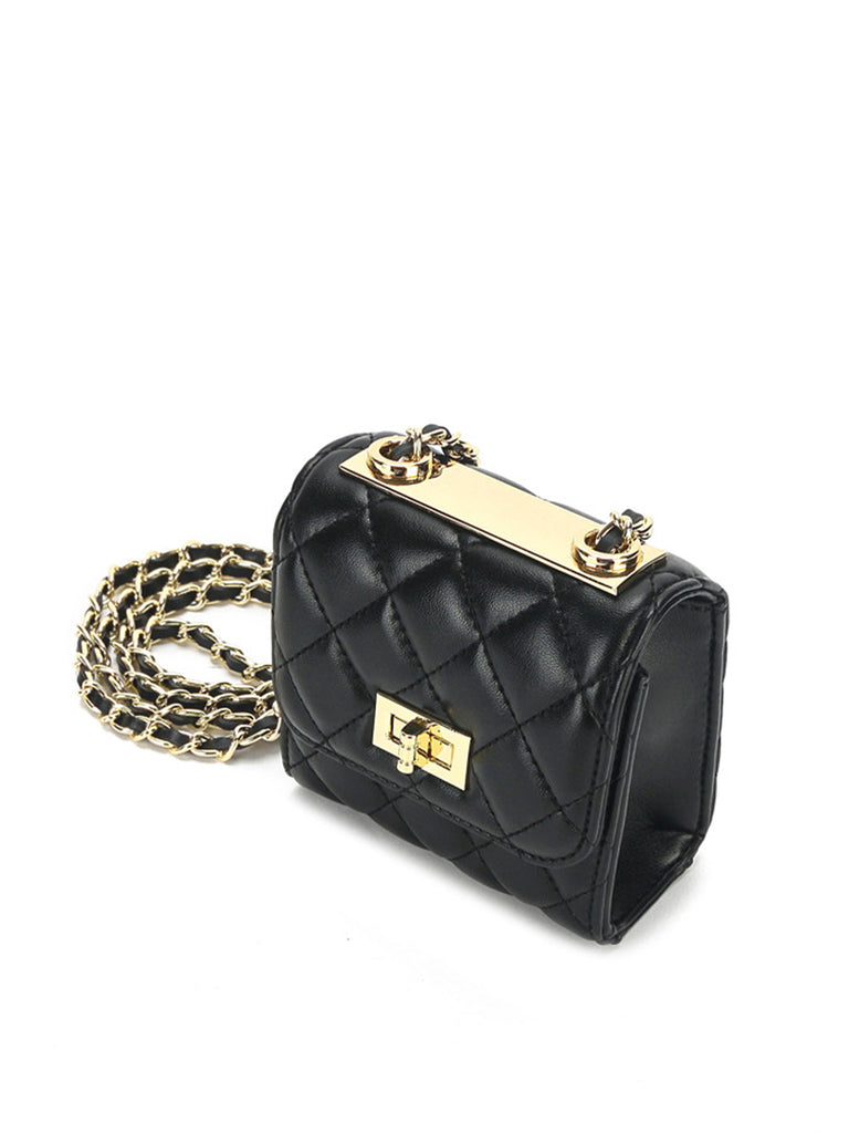 Mini Lattice Flap Bag Golden Chain Strap Diamond-Quilted Box Shoulder Bag, Black
