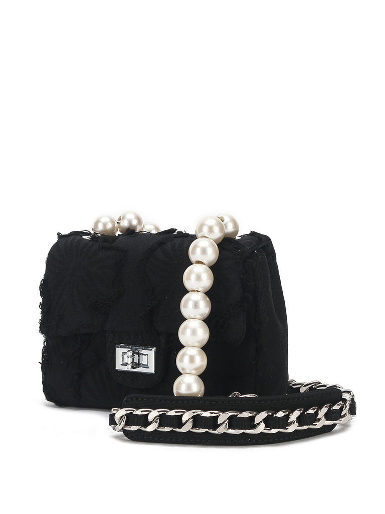Mini Emotional Denim Shoulder Bag Flap Top Pearls&Silver Chain Square Handbag - POPBAE