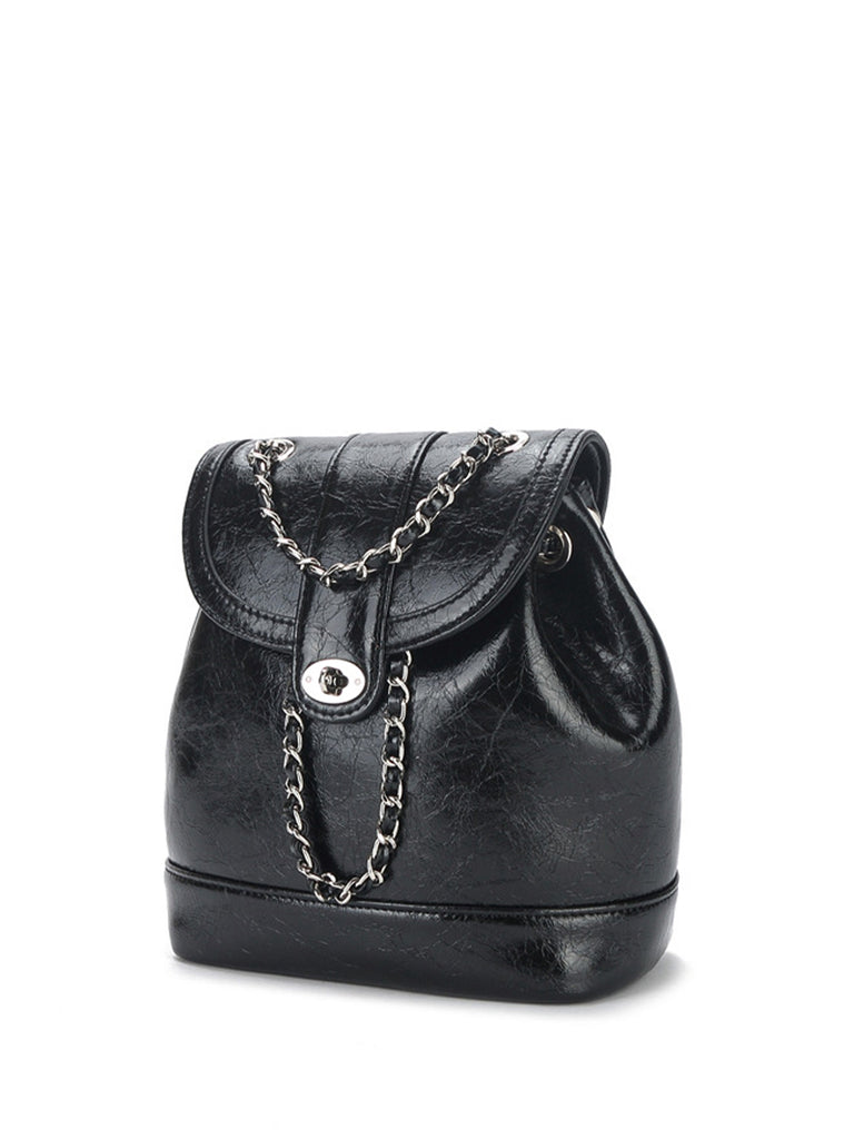 Leather Mini Back Pack Silver Chain Strap Flap Shoulder Bag - POPBAE