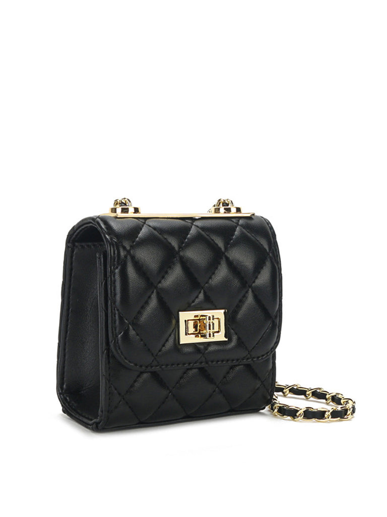 Mini Lattice Flap Bag Golden Chain Strap Diamond-Quilted Box Shoulder Bag, Black