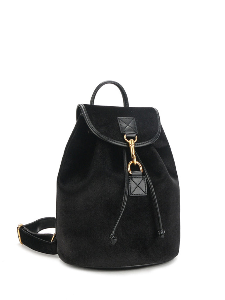 Velvet Backpack Gold Buckle Flap Handbag - POPBAE