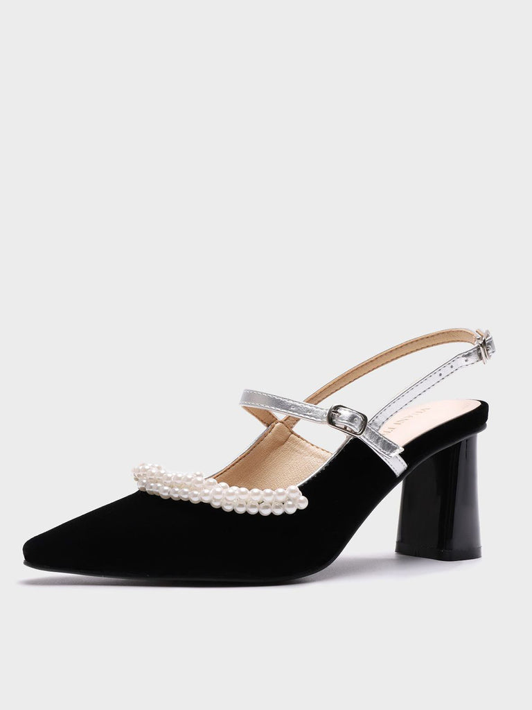 Velvet Pearl Embellished Mary Jane Heel Point Toe Mid Block Pumps - POPBAE